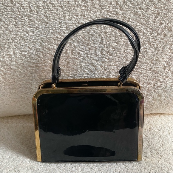 Vintage Handbags - Vintage Black Patent Purse Handbag Gold Color Hardware